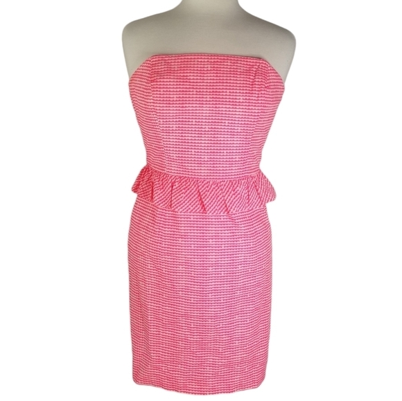 Lilly Pulitzer Lowe Fiesta Pink Pretty Gingham Strapless Peplum Dress Size 4 - Picture 2 of 15